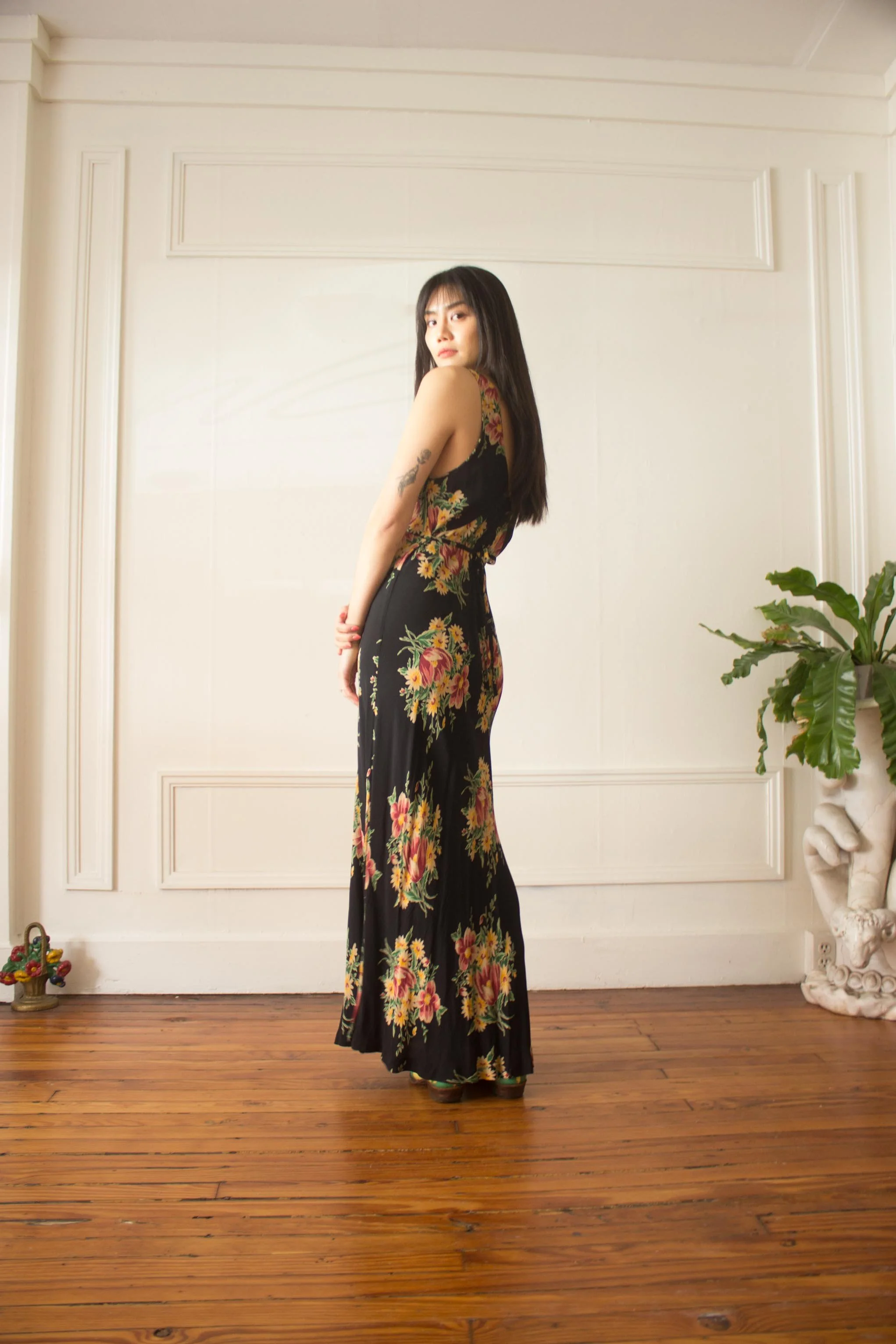 1990s Betsey Johnson Black Label Floral Print Bias Cut Slip Dress